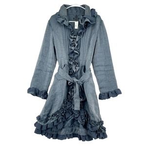 Samuel Dong Ruffle Trench Taffeta Dress Coat Navy Blue Womens Sz M Belted Jacket